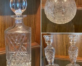 Pretty cut glass decanter, candle holders, rose bowl 