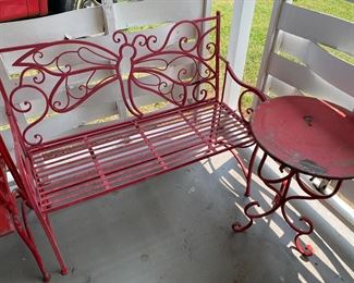 Red Metal Bench with Butterfly Back