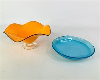 Mid-Century Orange Pedestal Bowl & Aqua-Blue Bowl