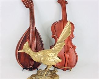 Vintage Royal Cast Violin and Mandolin Wall Art and Mid-Century Metal Decorative Roadrunner