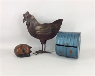 Blue Metal Cylindrical Container, Wooden Cat and Metal Rooster
