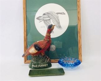 Larry Torchic signed Goose Print, Sklo Blue Ash Tray, Wild Turkey Decanter and More