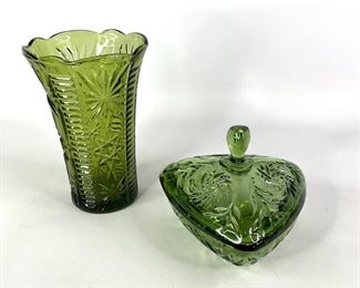 Depression Glassware- Hazel Atlas Glass Vase & Vintage Anchor Candy Dish
