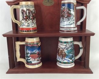 Budweiser Collector Series Steins & Hanging Wood Display Shelf