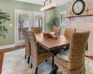 Dining room farm table, 38" x 78" x 30", set of 6 rattan side chairs
