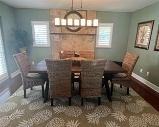 Dining room farm table, 38" x 78" x 30", set of 6 rattan side chairs