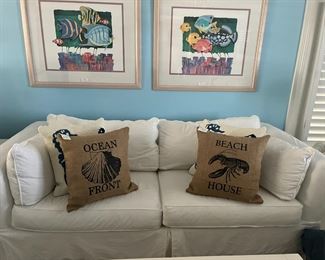 "Rowe" 7' white denim couch w/2 sets of blue denim slipcovers