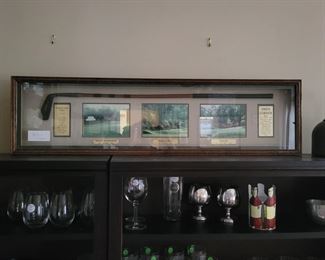 Barware, & framed Bobby Jones replica golf club 