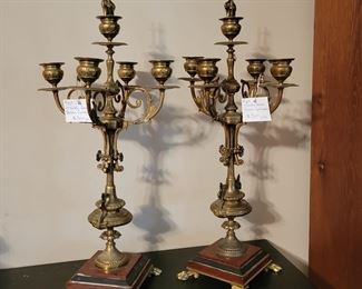 Antique brass candelabra on marble base