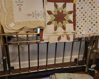 Brass Queen bed, beautiful quilts