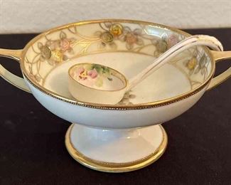 Hand Painted Gilded Nippon Double Handle Bowl With Ladle