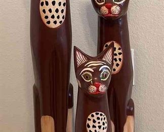 Trio Of Painted Wood Cat Statues