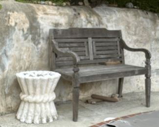 Weathered wood garden loveseat and occasional table 