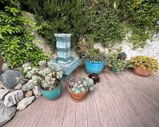 Cast concrete deco style Fountian and potted planters 