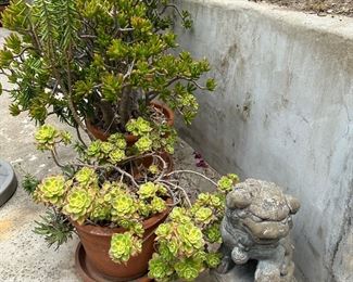 Potted plants and garden sculpture
