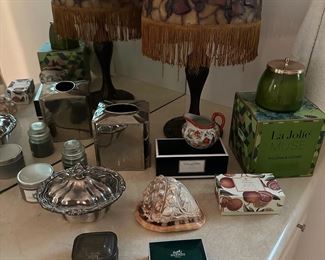 "stained wax" candle shade on stand, boudoir accessories 