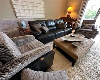 Leather lounge seating, padded ottoman/low table, and wool area rug