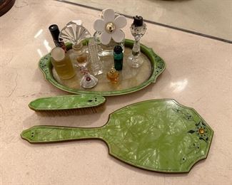 Green Acwalite, early plastic vanity set, vintage perfumes