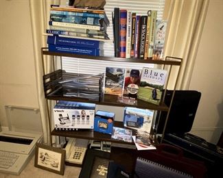 Golf books, military memorabilia, typewriter and office supplies