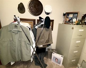 Mens clothing and WWII uniforms, hats and boots
