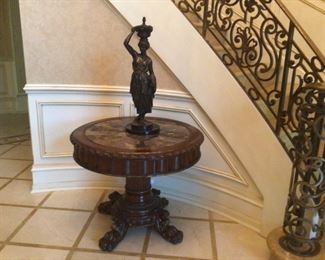 One of a pair of Marge Carson marble top tables and pair of bronze neoclassical figures 30”signed Coinchon, Theodore Coinchon (1814-1881 France)