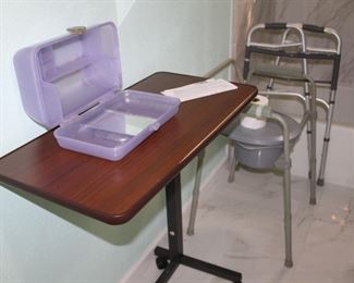 hospital bed rolling tray table; walker, potty chair, also rolling walker and wheelchair