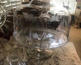 Gorgeous etched glass cake pedestal w/ cover