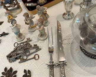 Repousse silver carving set, skeleton keys, Bobby pins/ hair clips, Dresden figurines, sterling smalls