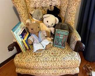 Upholstery chair, children’s vintage items 