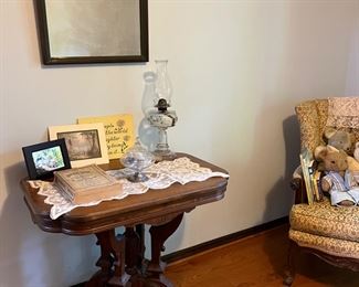 Pedestal game table, vintage mirror, lantern, candy dish with sterling base