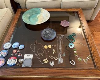 Political buttons, jewelry, pottery