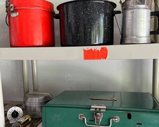 Pots, camp stove, coffee pots
