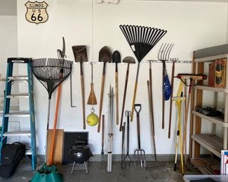 Rakes, shovels, hoe, broom, limb trimmer, ladder