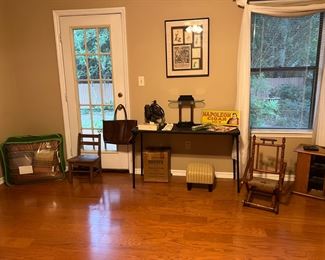 Games, signs, furniture, nice queen bedding set with matching pillows, Ll bean tote bag, nice desk light 