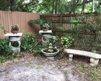 Fountain and bench statuary, fountain, plants