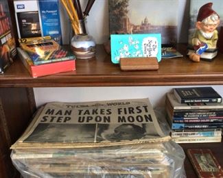 Old newspaper, books, vintage Japan elf