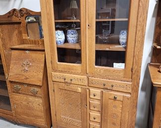 Oak Cabinet; Glass Front;  Flour bin
