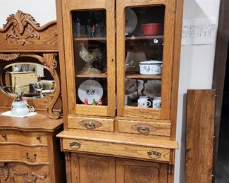 Oak Cabinet; glass doors; drawers; 