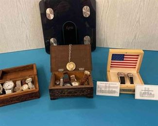 Collection of watches, three wooden boxes and bathroom scale
