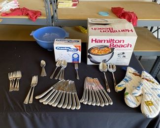 Crock Pot, hand mixer and utensils