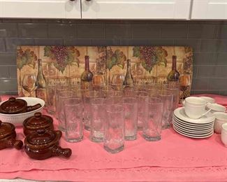 Dinner Glasses, Soup Crocks, White Tea Cups and Bowl