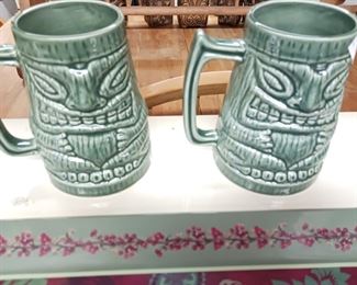Pair 2 LARGE Tiki Mugs Green Ceramic