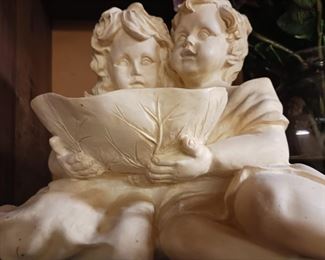 Young Girls Sitting Hugging Holding Water Lilly Pad Cabbage Leaf Resin Sculpture