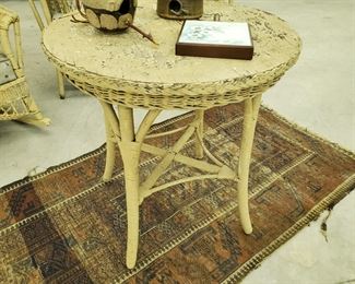 Cross X Table with Wicker Rope Edging! Unique, Vintage rug underneath!