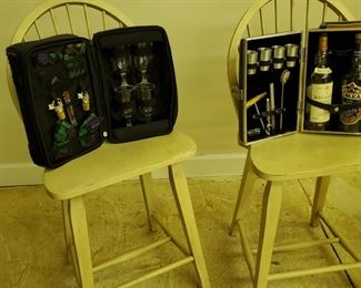 Pair of Kincaid Weathered Cornsilk Bar Stools and Two Traveling Bars.