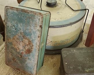 Two very old Tins(Candy and Tobacco) and Tin, Round Cake Storage