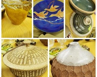 Weber Pottery Bowls with Lids; Fischer Cobalt Blue Plate; Hand-Blown Glass from Spain