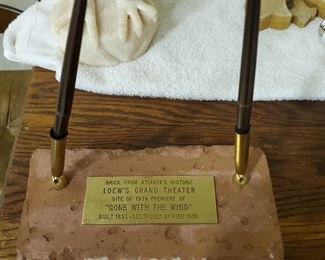 Desk Pen set with a brick from the Lowe's Theater in Atlantic where the premiere of "Gone With the Wind" occurred.  The theater burned in 1978.