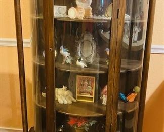 Antique Oak Curved Glass Curio Cabinet. Top Condition.