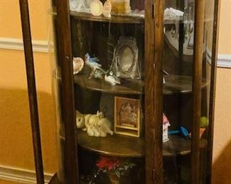 Antique Oak Curved Glass Curio Cabinet. Top Condition.